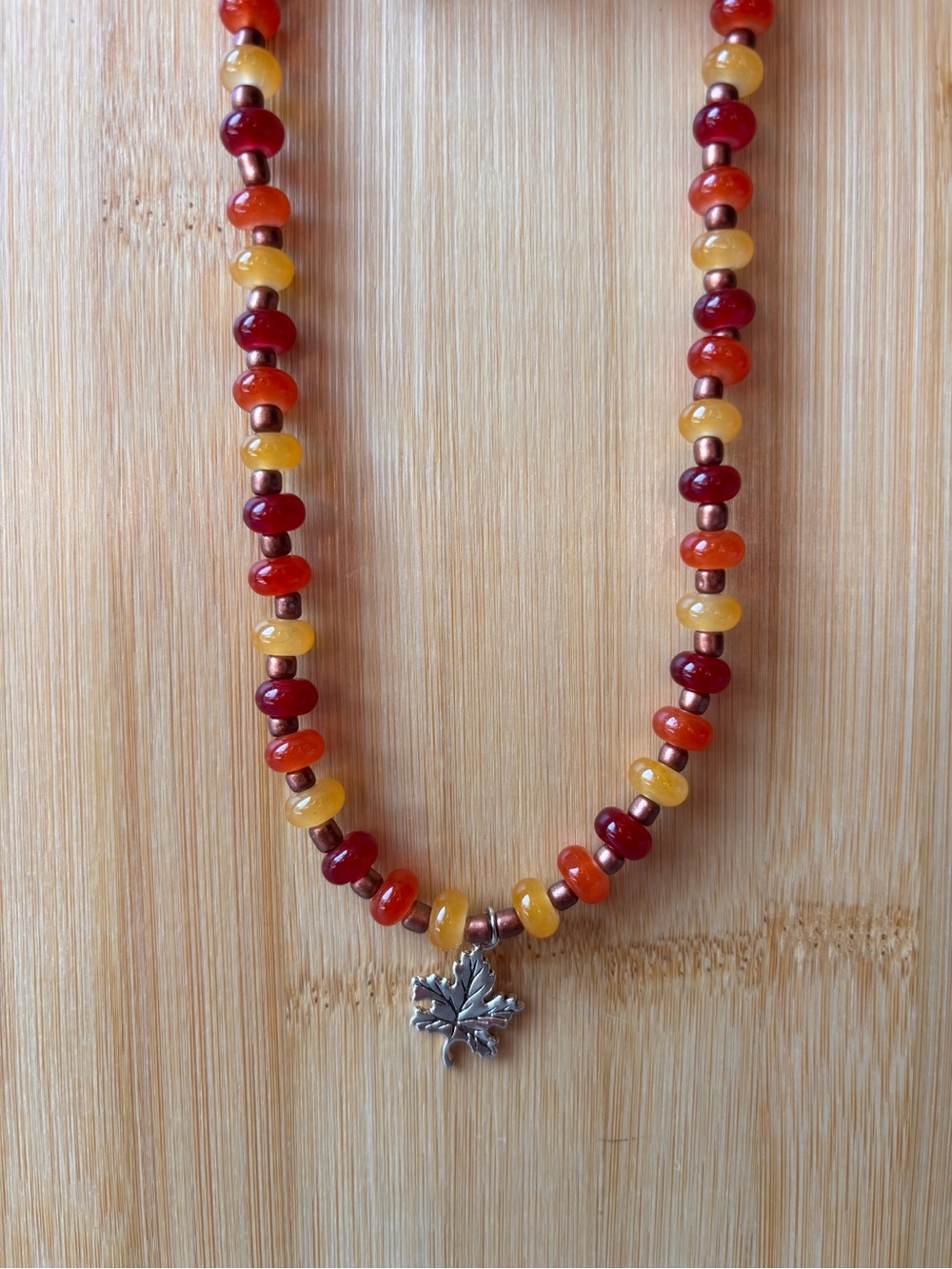 Autumn Glow Beaded Necklace with Leaf Charm - Red, Orange & Yellow
